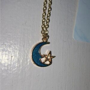 Gold Crescent Moon and Star Necklace with Blue Enamel Accent